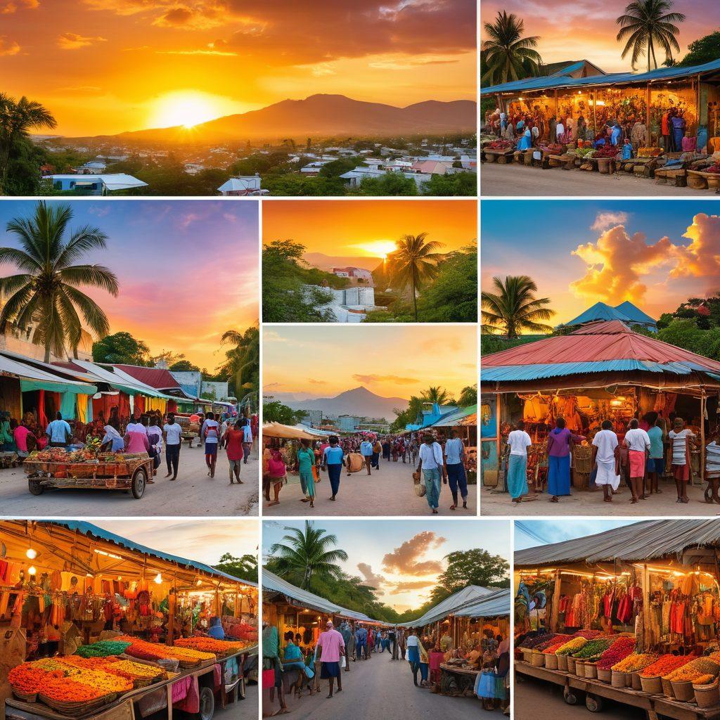 An enchanting collage showcasing the vibrant culture of Haiti: a colorful market scene with local artisans creating traditional crafts, lush tropical landscapes in the background, vivid street art reflecting local history, and a warm sunset casting golden light over smiling faces, capturing the essence of Haitian heritage and lifestyle. vibrant colors. super-realistic.