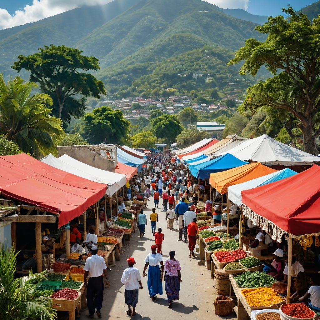 A vibrant marketplace in Haiti bustling with colorful stalls, showcasing traditional crafts, spices, and fruits. In the background, a picturesque view of the mountains and lush greenery. Local people dressed in traditional attire, engaged in lively conversations and activities. Surround the scene with elements of Haitian music and art, capturing the essence of the culture and heritage. super-realistic. vibrant colors. tropical atmosphere.