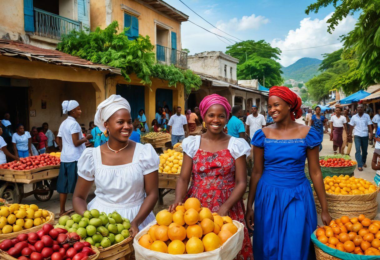 A vibrant street scene in Haiti showcasing a bustling market filled with colorful fruits, spices, and handmade crafts. Women in traditional attire engage with smiling locals, while children play nearby, embodying the lively spirit of community. In the background, traditional Haitian architecture and lush greenery add depth to the scene, capturing the essence of Haitian life. vibrant colors. super-realistic.